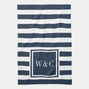 Monogram Navy Blue White Stripe, gepersonaliseerd Theedoek