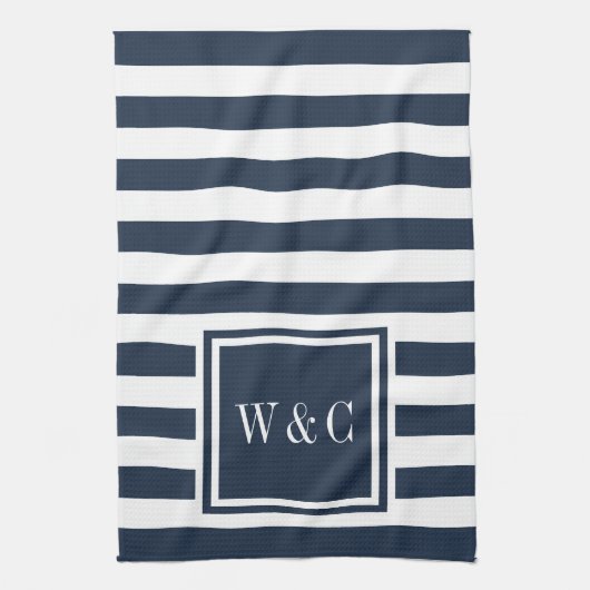 Monogram Navy Blue White Stripe, gepersonaliseerd Theedoek (Verticaal)