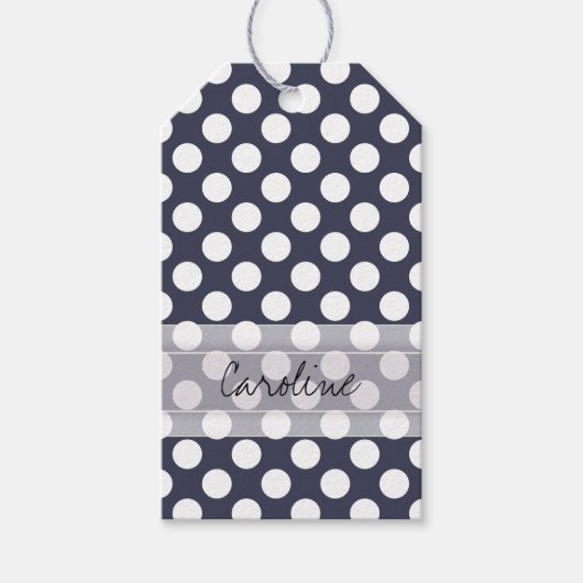 Monogram Navy Blue White Trendy Polka Dot Pattern Cadeaulabel (Voorkant)