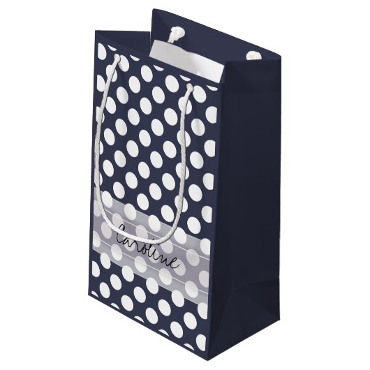 Monogram Navy Blue White Trendy Polka Dot Pattern Klein Cadeauzakje (Achterkant Gekanteld)