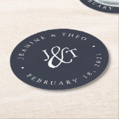 Monogram Navy Blue & White Wedding Ronde Kartonnen Onderzetter (Gebogen)