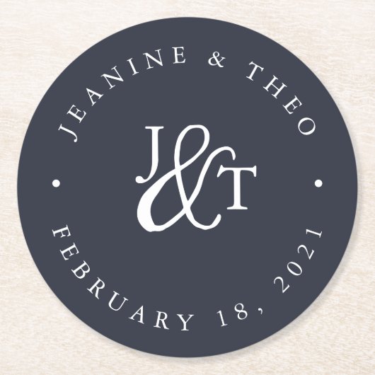 Monogram Navy Blue & White Wedding Ronde Kartonnen Onderzetter (Voorkant)