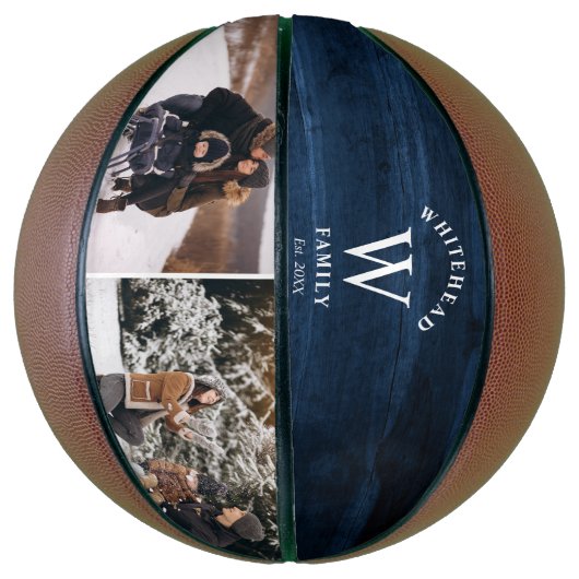 Monogram Navy Blue Wood Foto Collage Basketbal (Verticaal)