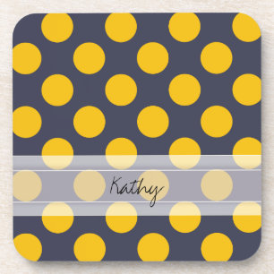 Monogram Navy Blue Yellow Chic Polka Dot Pattern Bier Onderzetter