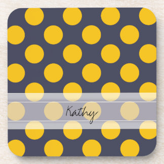 Monogram Navy Blue Yellow Chic Polka Dot Pattern Bier Onderzetter
