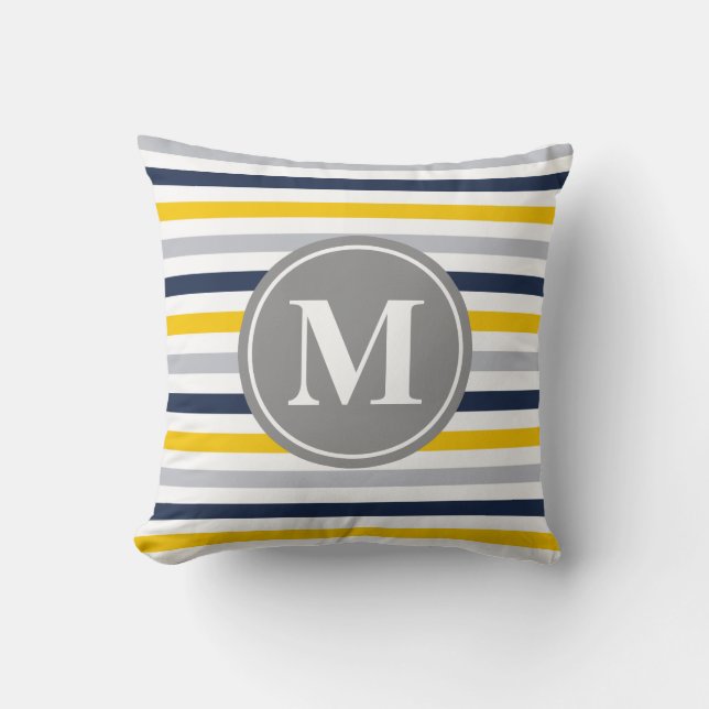 Monogram Navy Blue Yellow Striped Pattern Kussen (Voorkant)