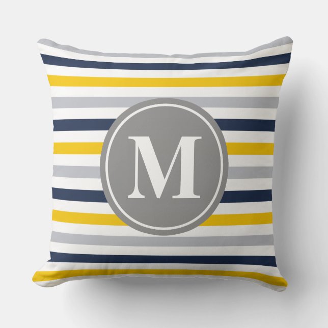 Monogram Navy Blue Yellow Striped Pattern Kussen (Voorkant)