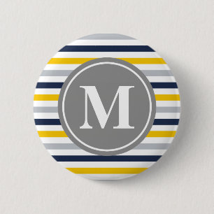 Monogram Navy Blue Yellow Striped Pattern Ronde Button 5,7 Cm