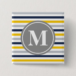 Monogram Navy Blue Yellow Striped Pattern Vierkante Button 5,1 Cm