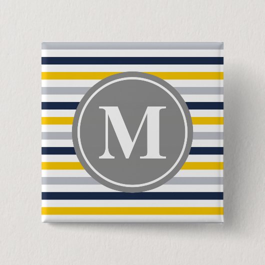 Monogram Navy Blue Yellow Striped Pattern Vierkante Button 5,1 Cm (Voorkant)