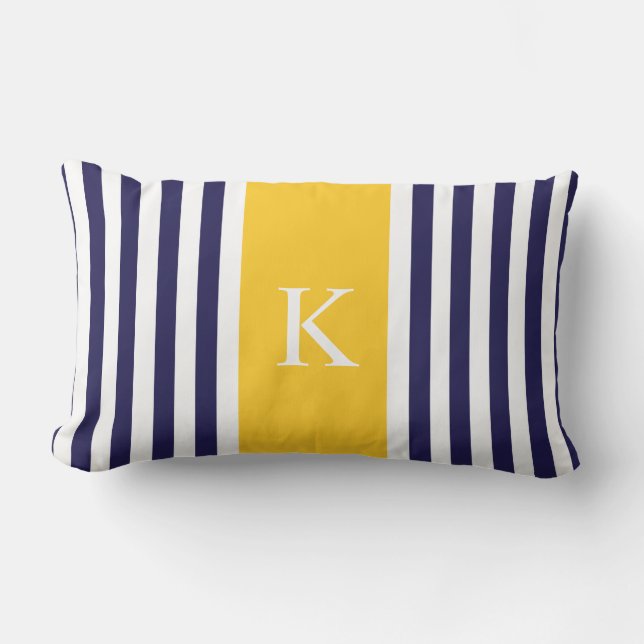 Monogram Navy Blue Yellow Stripes Kussen (Voorkant)
