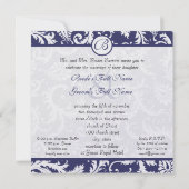 Monogram Navy Damask Swirls Wedding Invitation Kaart (Achterkant)