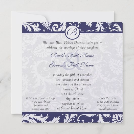 Monogram Navy Damask Swirls Wedding Invitation Kaart (Achterkant)