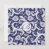 Monogram Navy Damask Swirls Wedding Invitation Kaart (Voorkant)