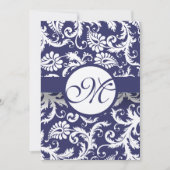 Monogram Navy Damask Swirls Wedding Invitation Kaart (Voorkant)