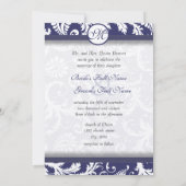 Monogram Navy Damask Swirls Wedding Invitation Kaart (Achterkant)