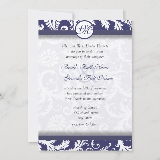 Monogram Navy Damask Swirls Wedding Invitation Kaart (Achterkant)