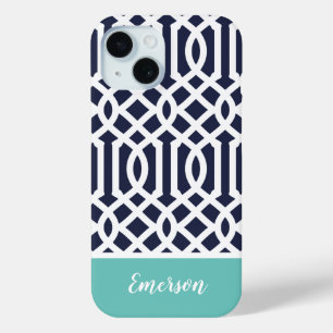 Monogram Navy en Aqua Trellis iPhone 15 Case