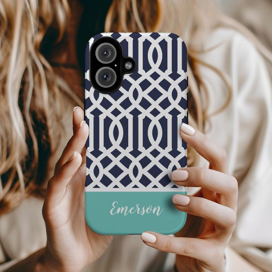Monogram Navy en Aqua Trellis Case-Mate iPhone Case