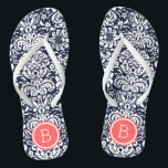 Monogram Navy en Coral Floral Damask Teenslippers<br><div class="desc">Aangepast gedrukte flip flop sandalen met een stijlvol elegant floral damask patroon en uw aangepaste monogram of andere tekst in een cirkelvormig lijst. Klik aanpassen het om tekstdoopvonten en kleuren te veranderen of uw eigen afbeeldingen toe te voegen om unieke één van een soortontwerp te creëer!</div>