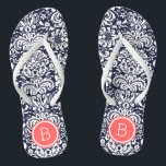 Monogram Navy en Coral Floral Damask Teenslippers<br><div class="desc">Aangepast gedrukte flip flop sandalen met een stijlvol elegant floral damask patroon en uw aangepaste monogram of andere tekst in een cirkelvormig lijst. Klik aanpassen het om tekstdoopvonten en kleuren te veranderen of uw eigen afbeeldingen toe te voegen om unieke één van een soortontwerp te creëer!</div>