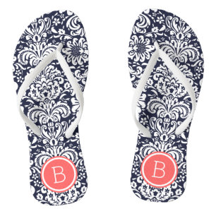 Monogram Navy en Coral Floral Damask Teenslippers