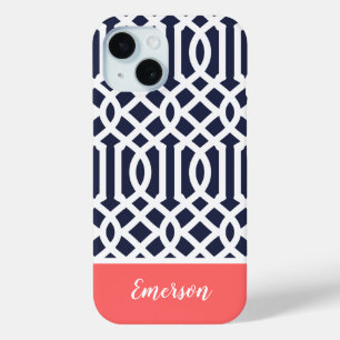 Monogram Navy en Coral Trellis iPhone 15 Case
