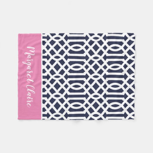 Monogram Navy en Pink Trellis | bewerkbare kleuren Fleece Deken (Voorkant (Horizontaal))