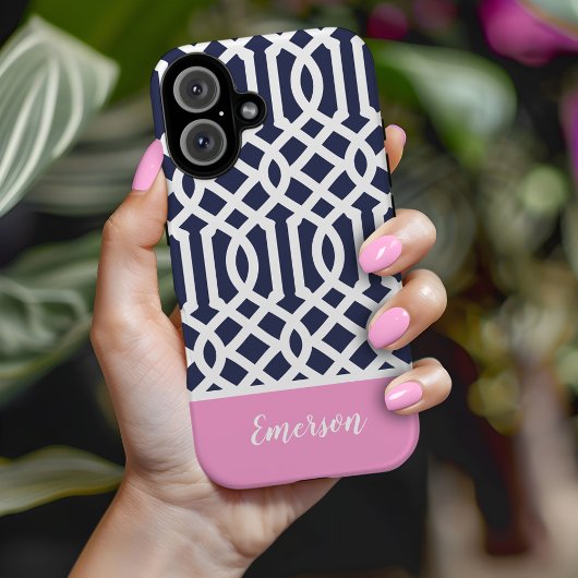 Monogram Navy en Pink Trellis Case-Mate iPhone Case