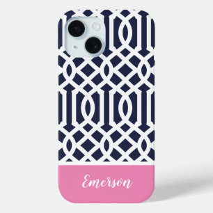 Monogram Navy en Pink Trellis iPhone 15 Case