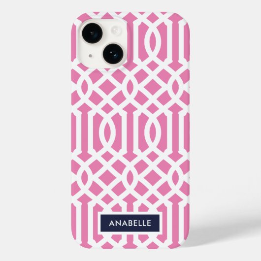 Monogram Navy en Pink Trellis Case-Mate iPhone Case (Achterkant)