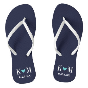Monogram Navy en Turquoise Modern Wedding Teenslippers