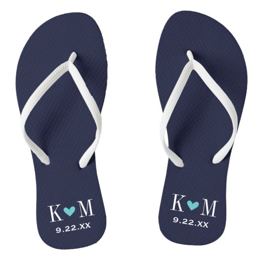 Monogram Navy en Turquoise Modern Wedding Teenslippers (Voetbed)