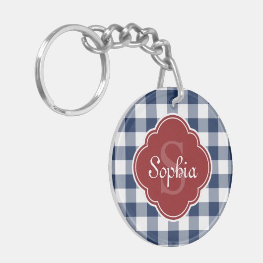 Monogram Navy Gingham Red Quatrefoil Sleutelhanger (Voorkant Links)