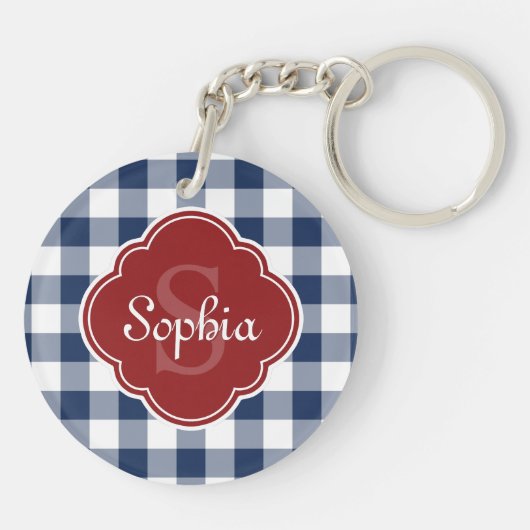 Monogram Navy Gingham Red Quatrefoil Sleutelhanger (Achterkant)