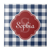Monogram Navy Gingham Red Quatrefoil Tegeltje (Voorkant)