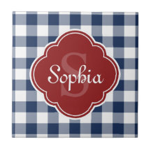 Monogram Navy Gingham Red Quatrefoil