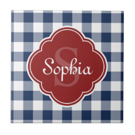 Monogram Navy Gingham Red Quatrefoil Tegeltje