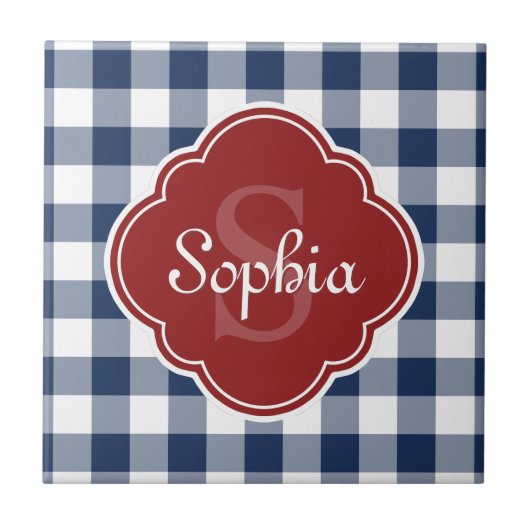 Monogram Navy Gingham Red Quatrefoil Tegeltje (Voorkant)