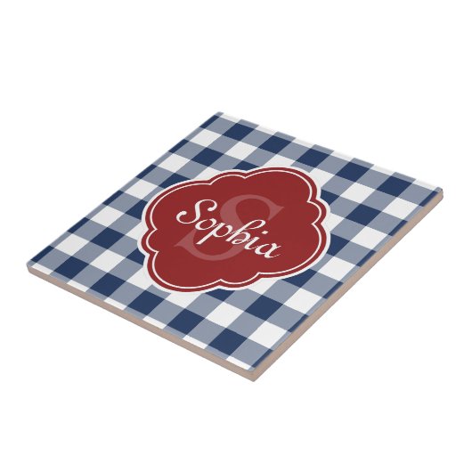 Monogram Navy Gingham Red Quatrefoil Tegeltje (Zijkant)