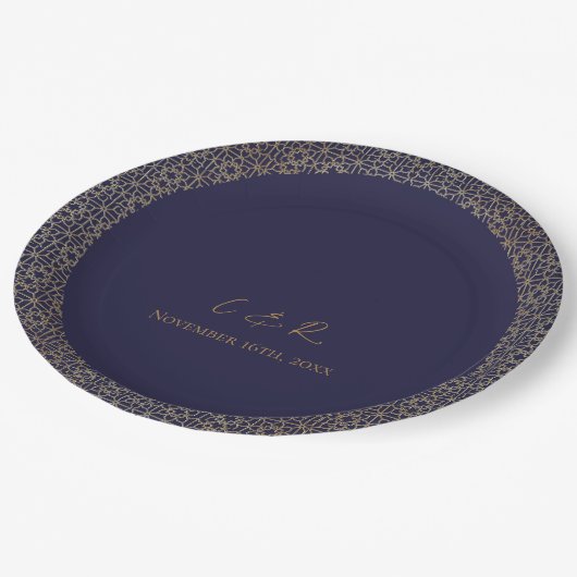 Monogram Navy Gold Design Huwelijksreceptie Party Papieren Bordje (Gekanteld)