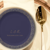 Monogram Navy Gold Design Huwelijksreceptie Party Papieren Bordje