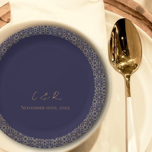 Monogram Navy Gold Design Huwelijksreceptie Party Papieren Bordje