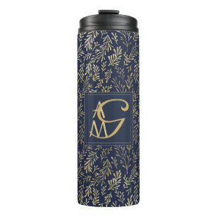 Monogram Navy Gold Leaf Passen getrouwd Home Decor Thermosbeker