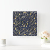 Monogram Navy Gold Leaf Passen getrouwd Home Decor Vierkante Klok (Huis)