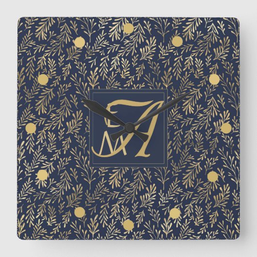 Monogram Navy Gold Leaf Passen getrouwd Home Decor Vierkante Klok (Voorkant)