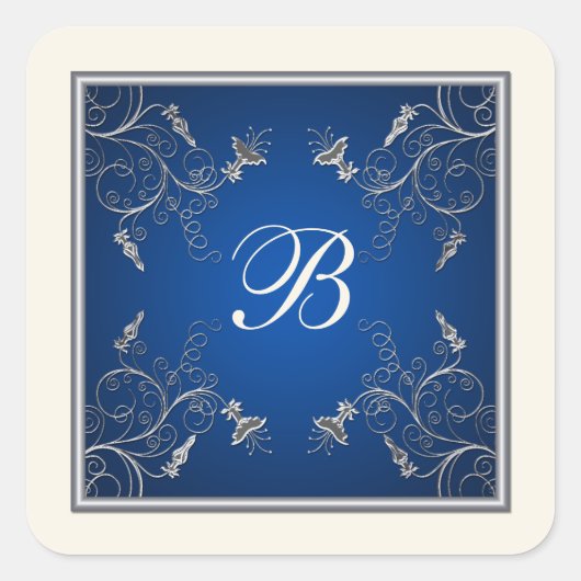 Monogram Navy, Ivory en Silver Floral Sticker (Voorkant)
