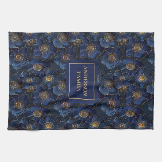 Monogram Navy Kitchen Towel Gold Flowers Style Theedoek (Horizontaal)