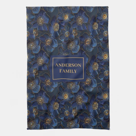 Monogram Navy Kitchen Towel Gold Flowers Style Theedoek (Verticaal)