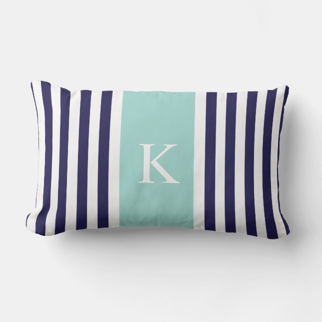 Monogram Navy Mint Green Stripes Kussen (Voorkant)